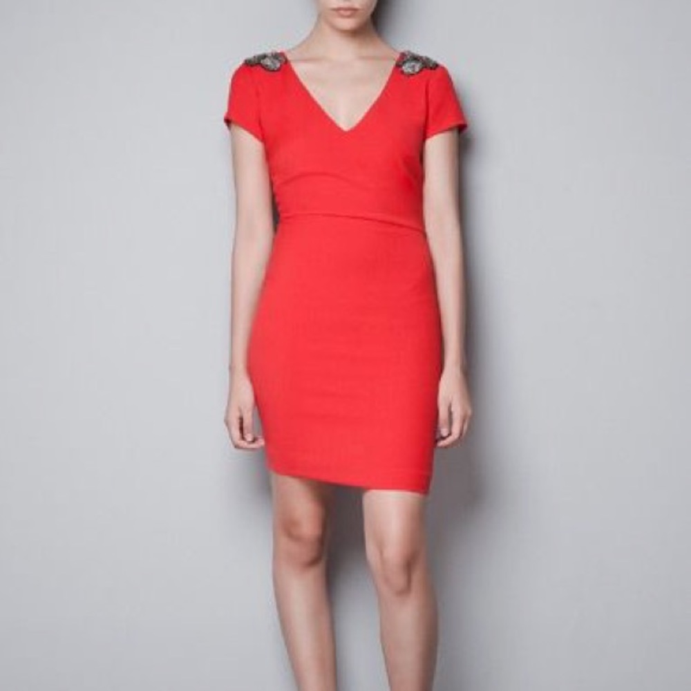 Zara red dress with embellished shoulders